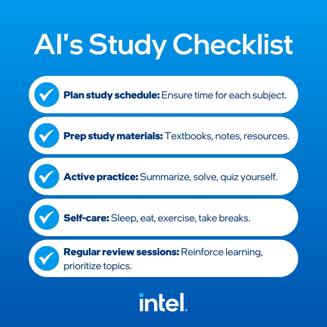 Exams on the mind? Take a look at this AI-generated checklist for tips & tricks on how to study better. 📝 With over 300 AI-accelerated features on the #IntelCoreUltra AI PC, exam prep has never been easier. 💙