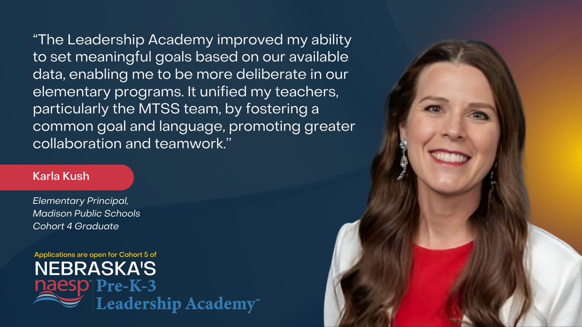 Kristine Luebbe (@nearlychildhood) on Twitter photo Join the 5th cohort of Nebraska's <a href="/NAESP/">National Assoc. of Elementary School Principals</a> Pre-K-3 Leadership Academy and discover how leaders like Karla Kush, Elementary Principal at Madison Public Schools, have used it to set goals & bring their teams together.
🚀 Learn more & apply by April 29th: bit.ly/NAESPCohort5. Join the 5th cohort of Nebraska's <a href="/NAESP/">National Assoc. of Elementary School Principals</a> Pre-K-3 Leadership Academy and discover how leaders like Karla Kush, Elementary Principal at Madison Public Schools, have used it to set goals & bring their teams together.
🚀 Learn more & apply by April 29th: bit.ly/NAESPCohort5.