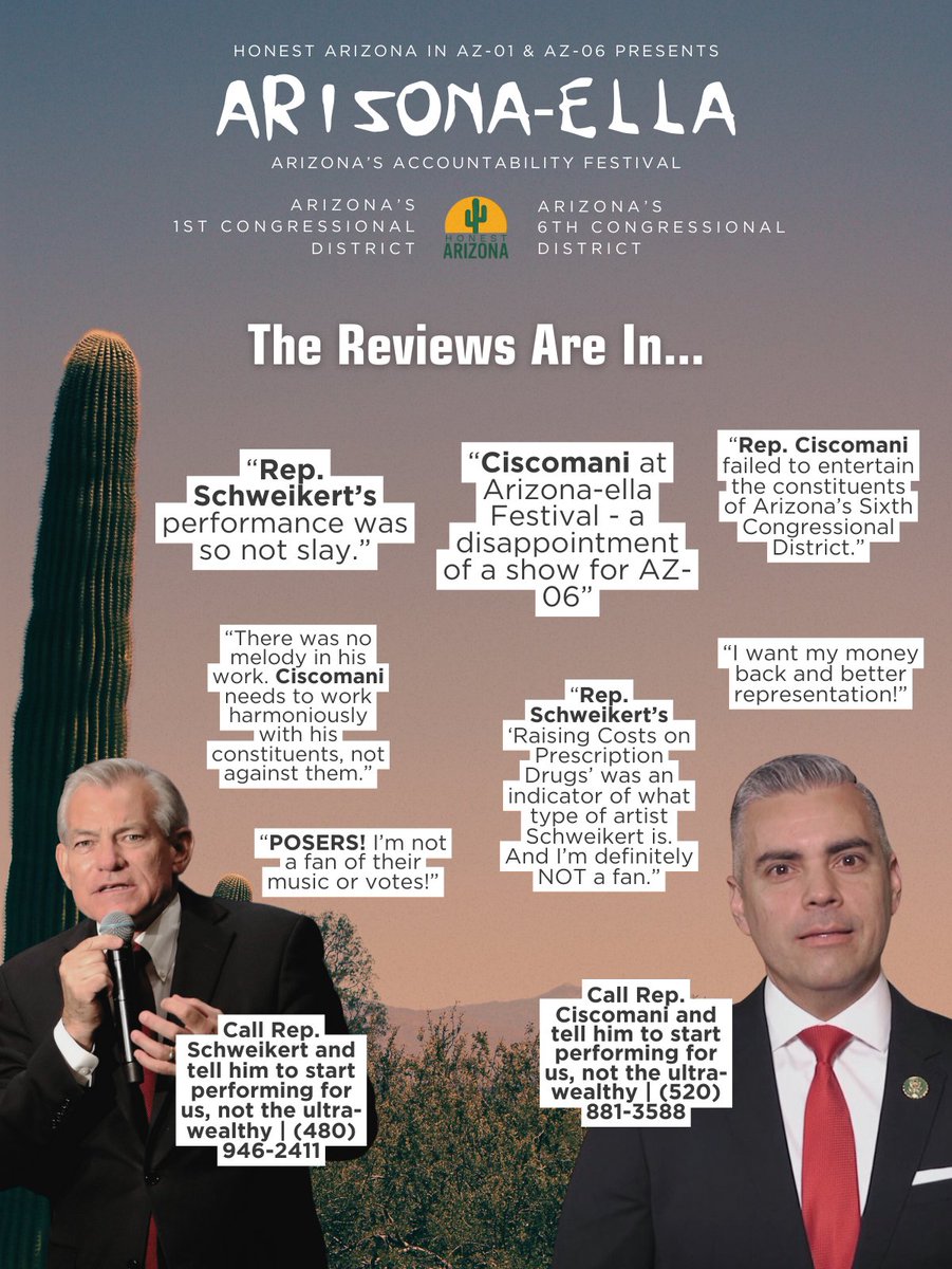 The reviews are in for Reps. David Schweikert and Juan Ciscomani's performances at Arizona-ella.

They are not looking good 😧

#ArizonaElla #AZ01 #AZ06