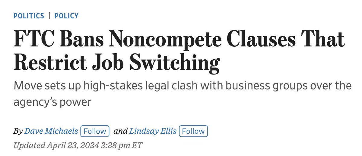 This is huge news:

The FTC has just completely banned noncompete agreements by employers which prevent most workers from joining rival firms.

It is now ILLEGAL for employers to make employees sign noncompete agreements.

Is this a good move?