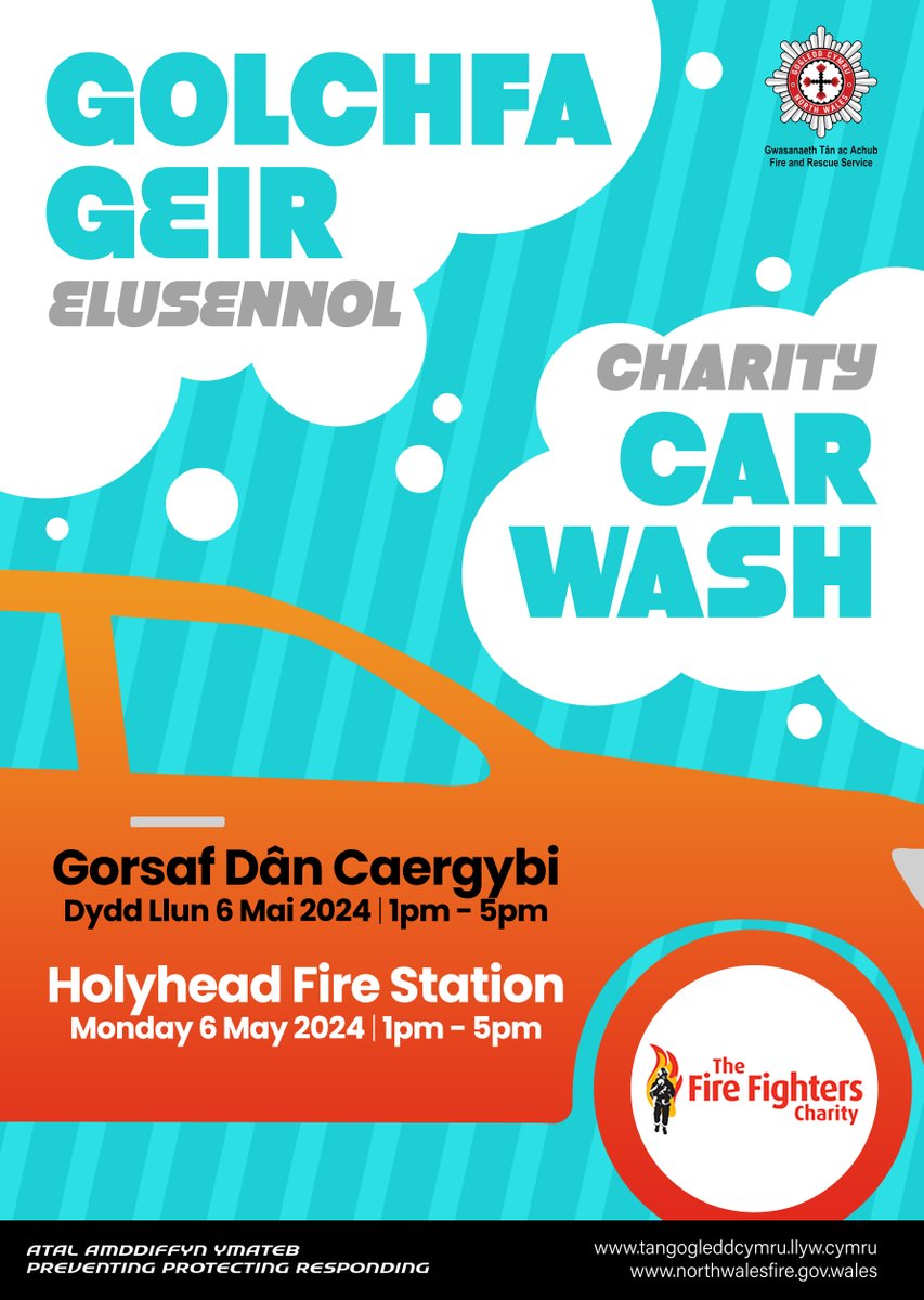 Mae Gorsaf Dân Caergybi yn golchi ceir dydd Llun 6 Mai 1pm-5pm. Rhannwch a dewch draw i gefnogi os gwelwch yn dda!
🧽🚒💦🚗🧽🚒💦🚗🧽🚒💦🚗🧽
Holyhead Fire Station is hosting a charity car wash Monday 6 May 1pm-5pm. Please share and come along to support!