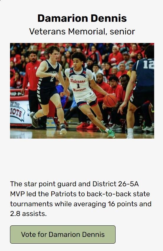 Damarion Dennis is up for 'assist architect' through the San Antonio Express News. Vote and share with your networks: buff.ly/3U9fCSZ. #PatriotNation #BESbS #basketball #voteandshare