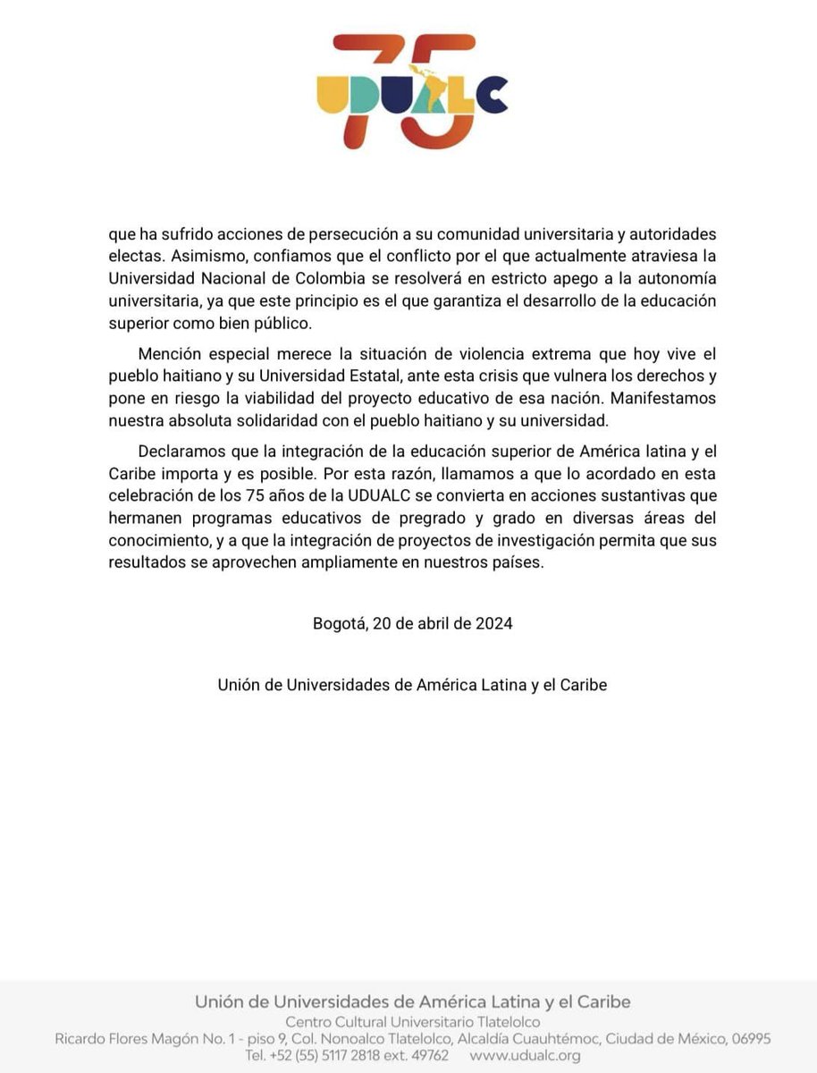 Compartimos la Declaración de Bogotá, la cual tuvo lugar durante el pasado 100 Consejo Ejecutivo de la UDUALC. Este tuvo lugar los pasados 18 y 19 de abril en la Universidad El Bosque, en Bogotá, Colombia. Consultar documento udualc.org/wp-content/upl…