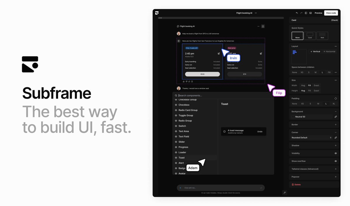 🚨 Big announcement – after two years of beta, @SubframeApp is now open to everyone! Subframe is the best way to build UI, fast. It's a design tool that lets you visually build UI using real components, then export it as React / Tailwind code 👇