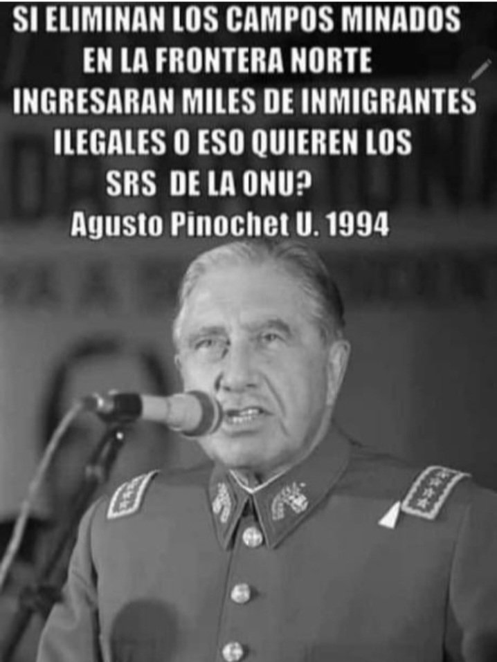 ⛔️ Cuánta razón tenía el presidente Augusto Pinochet.

Michelle Bachelet; la rata comunista marxista y ex terrorista del FPMR retiró las minas de las fronteras en su gobierno.  
#CárcelParaBachelet 
#sinfiltrostv Cadem 
Aldo Duque