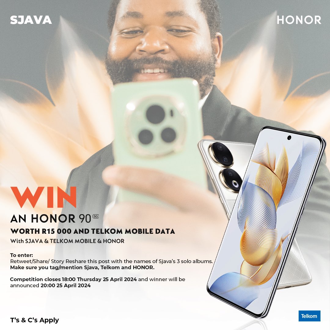 Nal’ ithuba lokuwina ifone yakwa @HonorAfrica neData yakwa @TelkomZA 

To stand a chance to win, Retweet this tweet with the titles of my 3 Solo Albums as your caption.

Make sure you tag me, @HonorAfrica @TelkomZA 

The winner will be announced 20:00 on Thursday