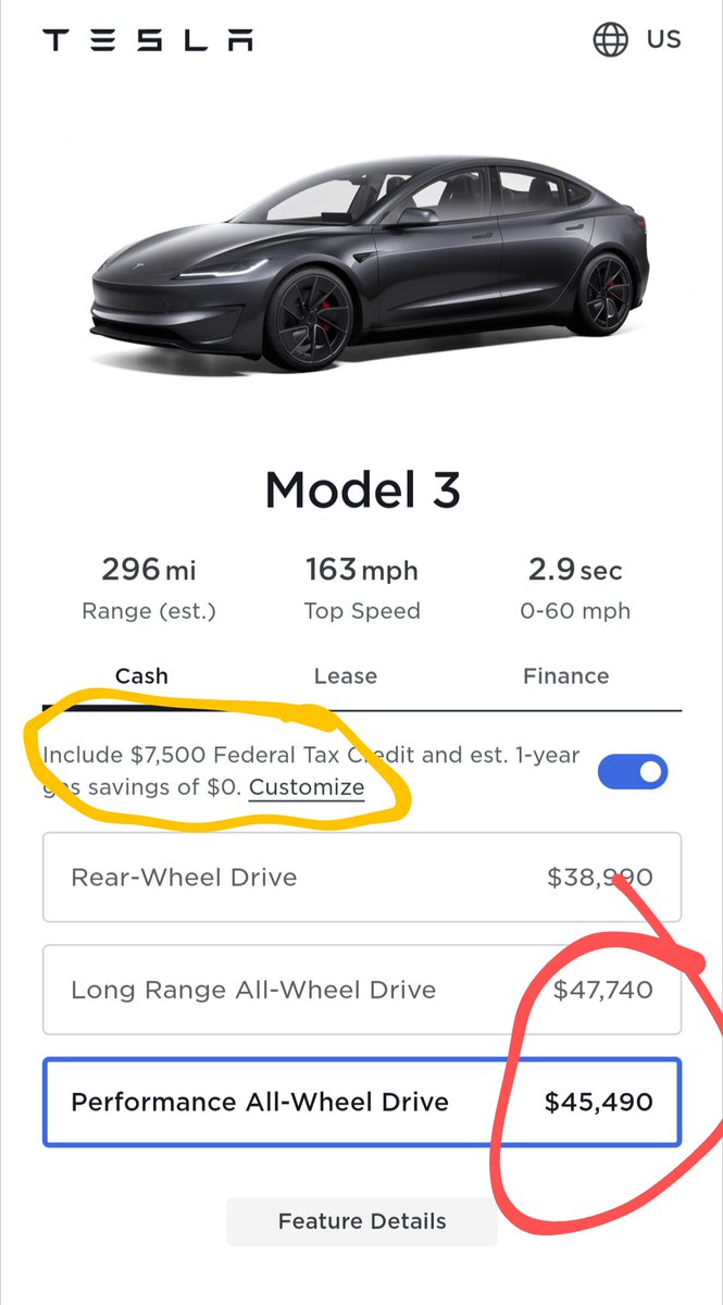 Peter00425263's tweet photo. You know what is even more amazing than the mind blowing specs of the new Performance Model 3?  That for most people, it costs less than the Long Range Model 3 since only the performance qualifies for the $7.5k federal discount at time of purchase. Wow!  😁  @elonmusk @Tesla https://t.co/OWQzERU0re