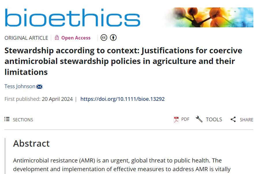 📢New paper from GLIDE Fellow @drtessjohnson Stewardship according to context: Justifications for coercive antimicrobial stewardship policies in agriculture and their limitations #AMR @bermaninstitute @Oxford_NDPH @PSIOxford onlinelibrary.wiley.com/doi/10.1111/bi…