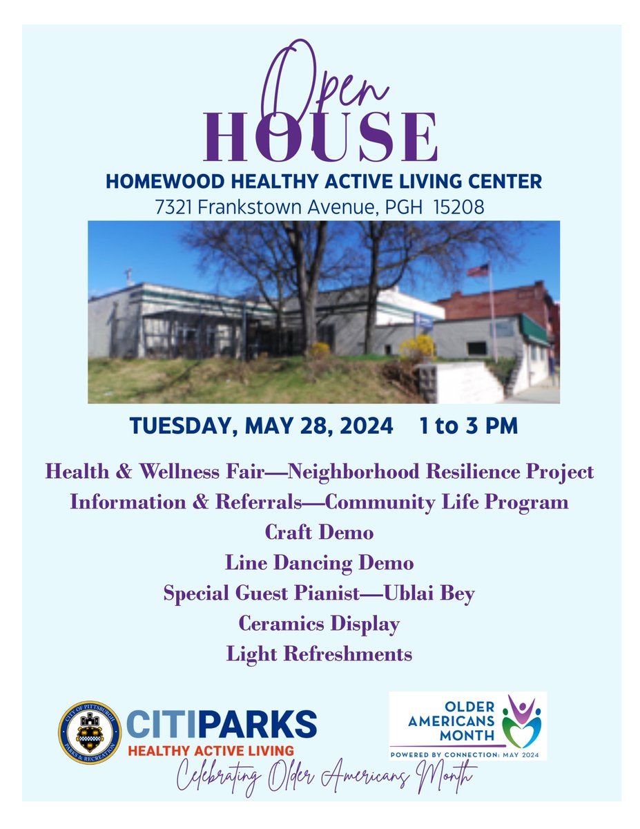 Get POWERED BY CONNECTION during #OlderAmericansMonth!

@Pittsburgh Seniors (60+) CONNECT with CitiParks Healthy Active Living Senior Centers this May! We’re making it easy with an OPEN HOUSE!

HOMEWOOD
Tuesday, May 28th
1 – 3 PM

@ACLgov