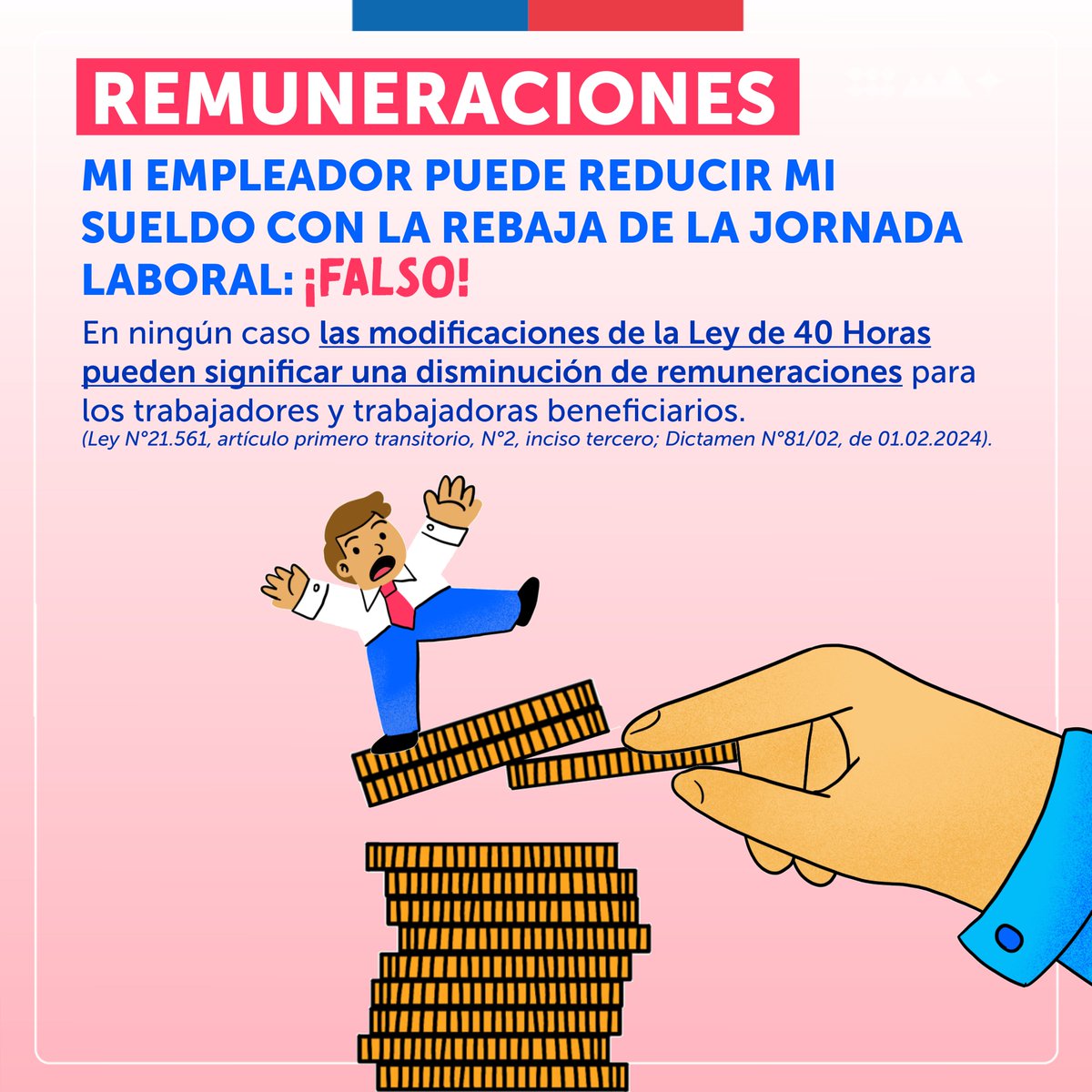 ⏰Este viernes entra en vigencia la Ley de #40Horas y para que su aplicación sea beneficiosa para todos/as, es primordial despejar noticias falsas👇🏽👀 👉🏽Desliza para más detalles y visita mintrab.gob.cl/40horas/ para toda la información 💻