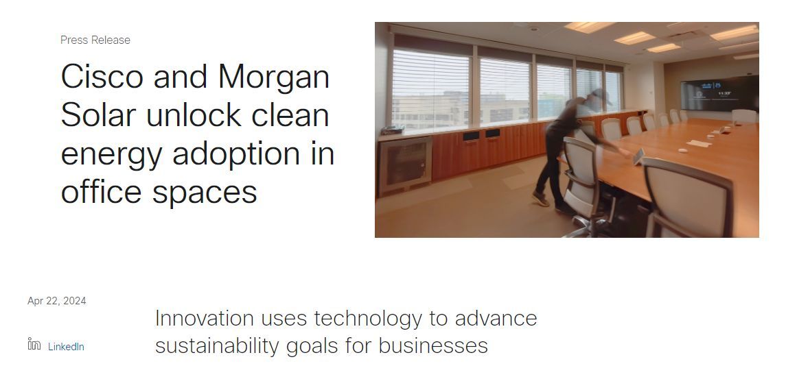 #Cisco and #MorganSolar using #EnergyBlinds and #PoE to help power the office with #Renewables. 'production of up to 50W of renewable energy per window' bit.ly/3QbwqaU
