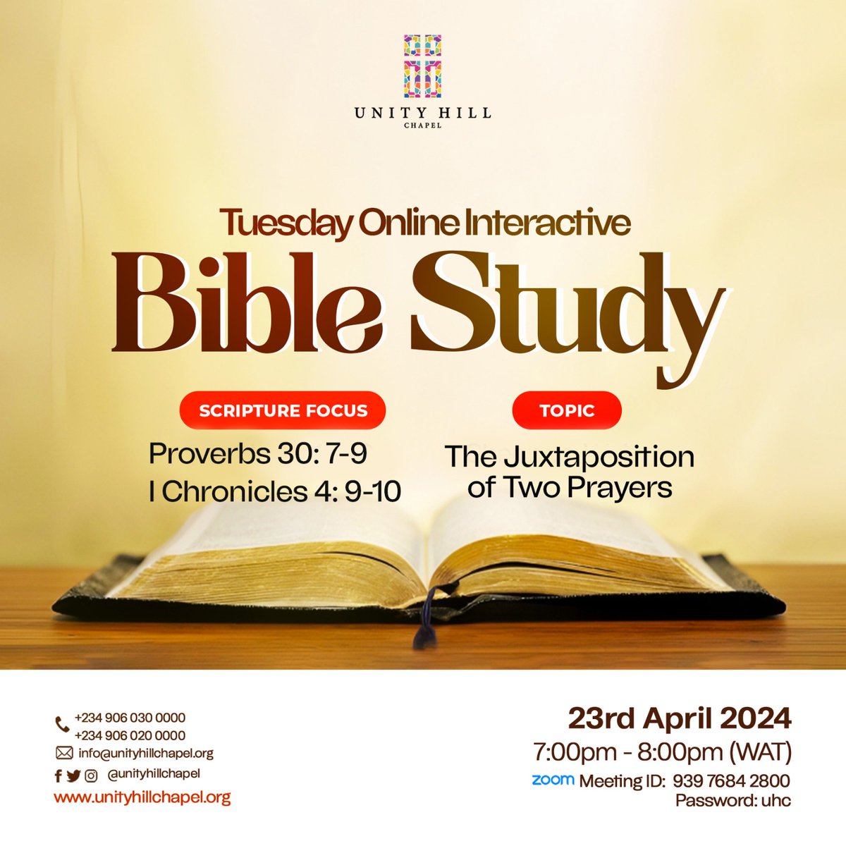 unityhillchapel's tweet photo. Deep Dive: Bible Study at Unity Hill

Join us today, as we explore TWO powerful prayers from Proverbs and Chronicles that can illuminate your path!

Time: 7:00 PM - 8:00 PM WAT ⏰

Location: Online! ➡️https://t.co/2BgMh6Izo4

Meeting ID: 939 7684 2800
Password: uhc

#UnityHill https://t.co/nyEaqWflFk