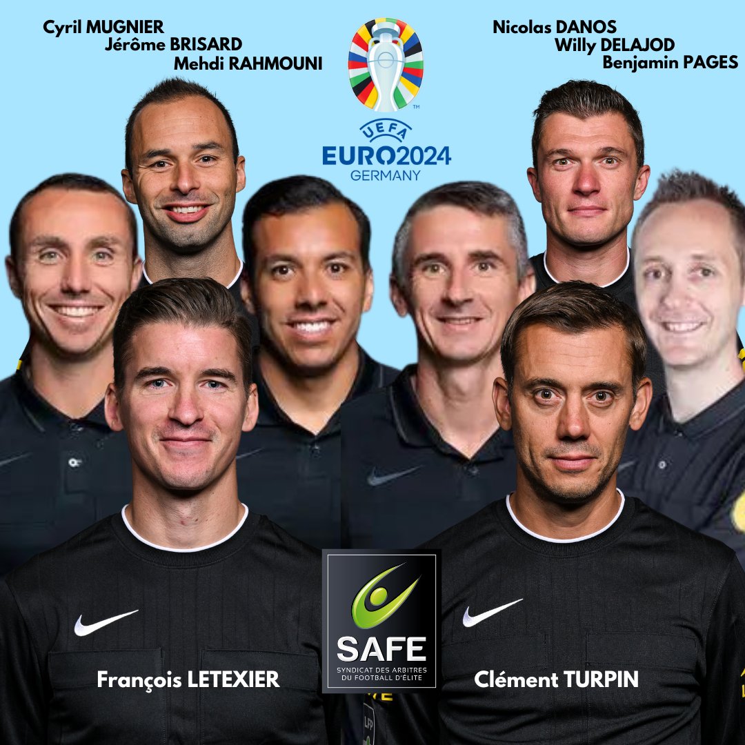 ⭕️ Les arbitres Français à l'UEFA EURO 2024 F. LETEXIER et C. TURPIN seront les 2 arbitres français en Allemagne cet été. 🇫🇷 ➡️Ils seront accompagnés de leurs assistants C. MUGNIER - M. RAHMOUNI et N. DANOS - B. PAGES. W. DELAJOD et J. BRISARD seront à la VAR !