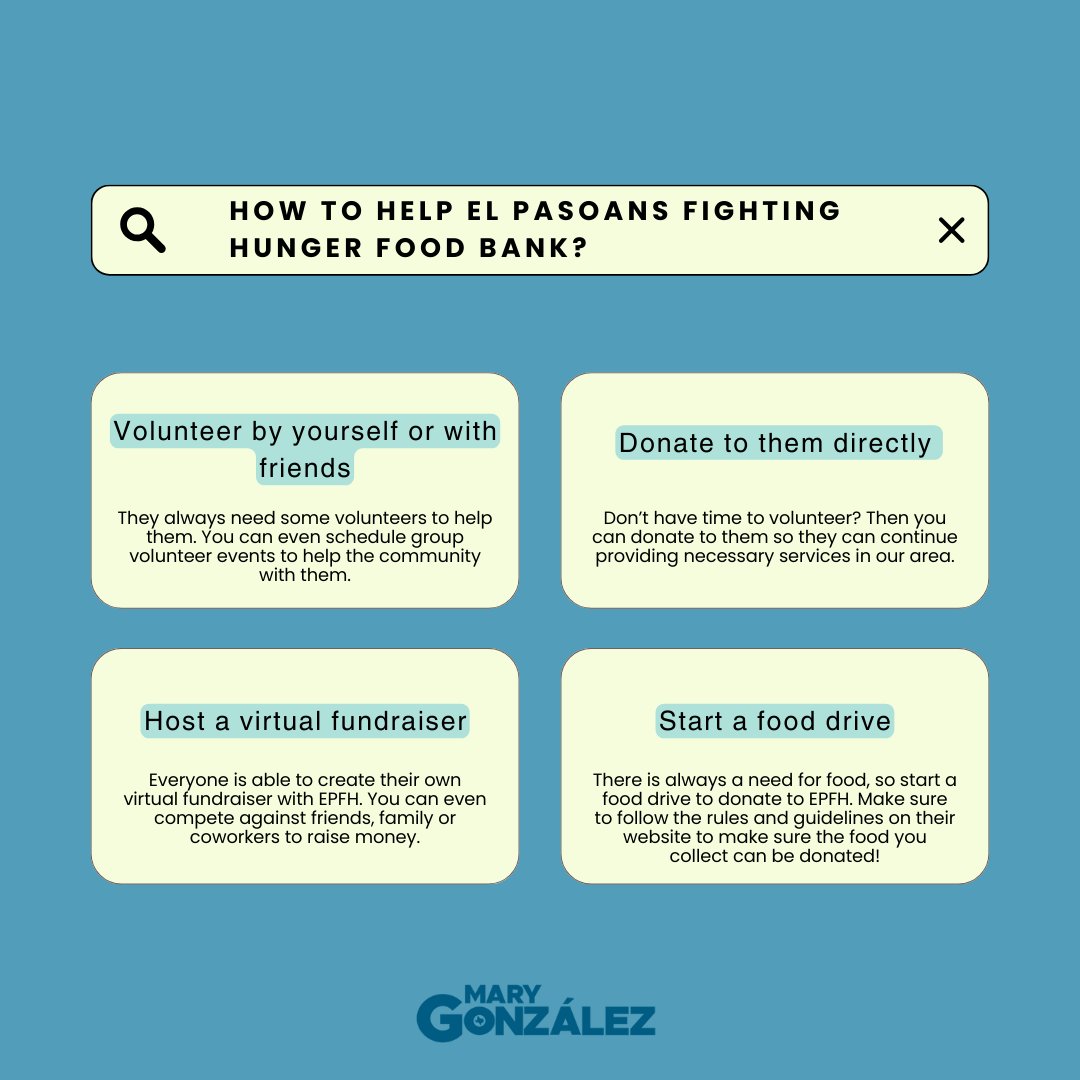 My office is proud to support El Pasoans Fighting Hunger Food Bank in their mission to fight hunger in our communities. As our featured non-profit, we want to highlight opportunities to assist them this year. To learn more about them, visit elpasoansfightinghunger.org. #txlege #HD75