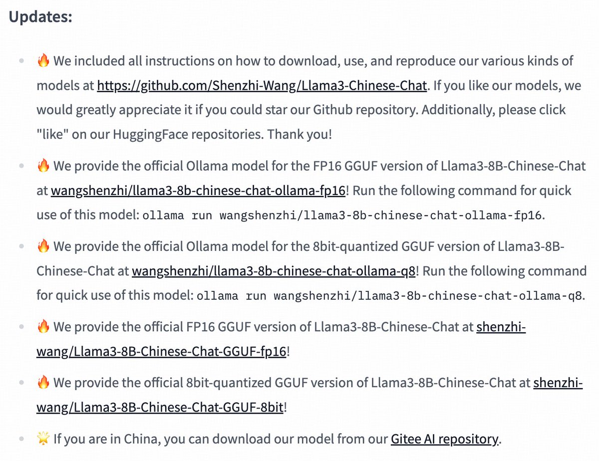 🎉 Our Llama3-8B-Chinese-Chat ranks 14th in overall trending on Huggingface, 2nd among Llama3 derivative models, and 1st among Llama3 Chinese derivative models! Thanks for your support!

🌟 I summarized our updates today in Fig. 3. See the details in the comments below: