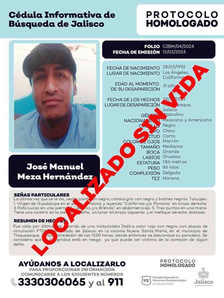 #FEPD agradece su apoyo y colaboración, JOSÉ MANUEL MEZA HERNÁNDEZ, de 31 años de edad al momento de su desaparición, fue localizado lamentablemente sin vida.