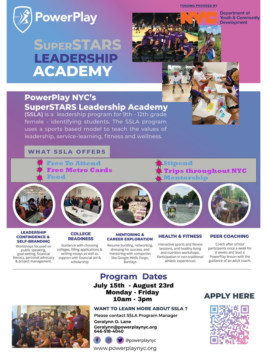 With sports as a foundation, @PowerPlayNYC SSLA is a high-impact leadership development program that prepares high school girls for college + workforce through a structured, girl-centered approach. This year starts with a six-week intensive. Apply here: form.123formbuilder.com/6622814/2024-t…