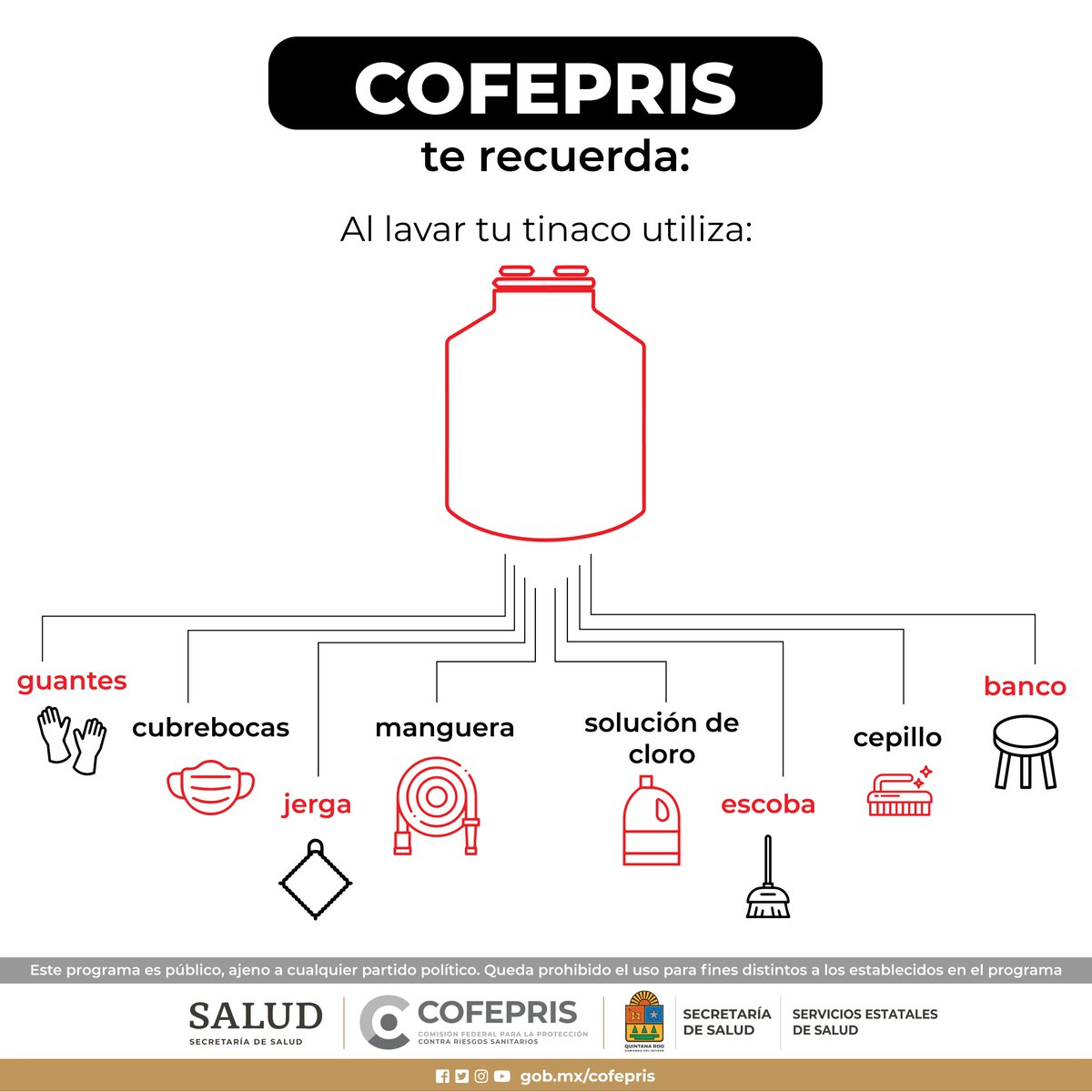 Al lavar tu tinaco utiliza lo siguiente:
@COFEPRIS 
#CofeprisTeProtege
#cofepriságil
#CofeprisJusta
#CofeprisTransparente
#Emergencias
#DprisQroo