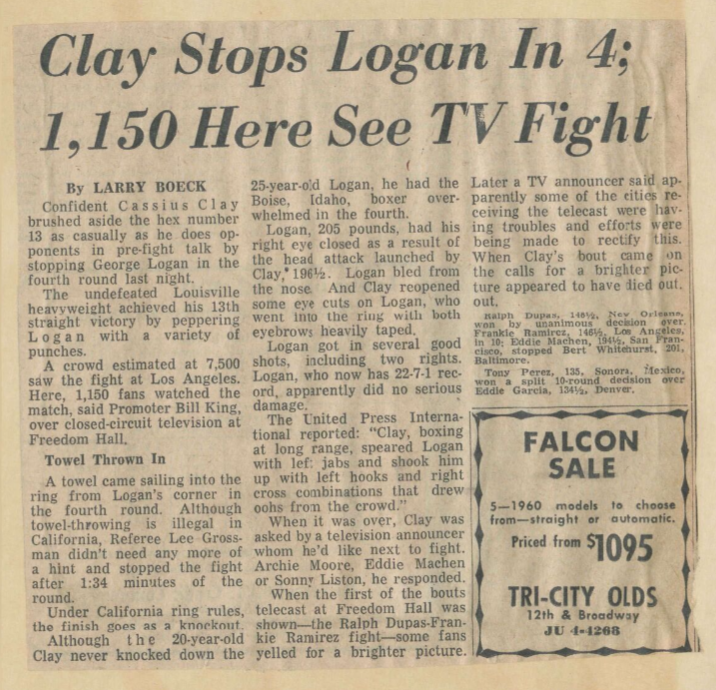 ON THIS DAY: In 1962, a 20-year-old Muhammad Ali would earn his 13th straight victory after facing George Logan in LA. The fight stopped in four rounds after Logan's team through in the towel 1 minute and 34 seconds in. Check out this Courier-Journal article on the fight!