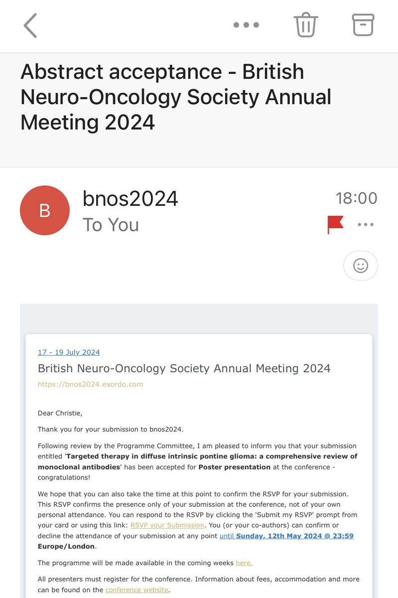 Thrilled to share that the abstract of our review on monoclonal antibodies for #DIPG got accepted for Poster Presentation at the British Neuro-Oncology Society annual meeting!🧠 

See you in Cambridge, UK this July!🤩🇬🇧

@BNOSofficial