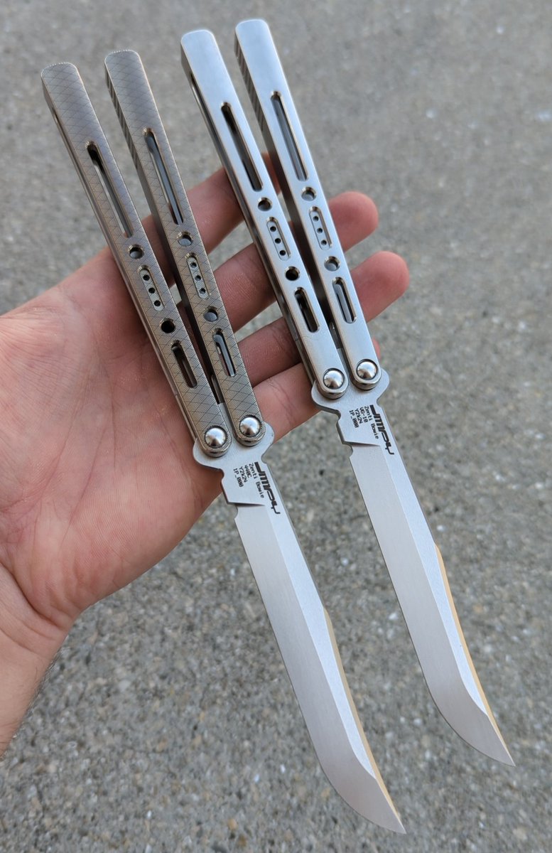 jimpydesigns's tweet photo. Zentinel Bowie Prototypes. I'll have these with me at Blade Show [$>$]
.
#balisong #butterflyknife #balisongtrainer #skilltoy #fidgettoy #butterflyknifetrainer #jimpy #jimpyjapan https://t.co/fEVV3gIGJh