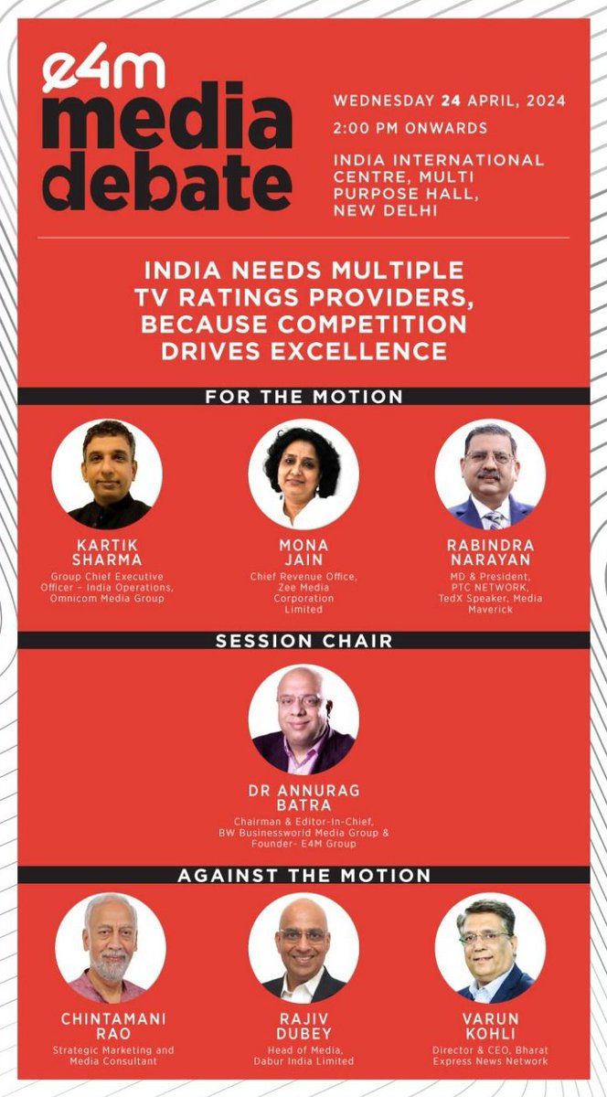 Do we need multiple rating mechanisms? Find out at #e4mMediaDebate💬 #InauguralEdition Register to attend: bit.ly/49S06AP @anuragbatrayo | #KartikSharma | #MonaJain | @RabindraPTC | @chintamanirao | @varunkohli72 | #RajivDubey #e4mevents #Mediadebate #TVRatings