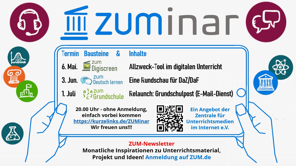 ZUMApps's tweet photo. Hallo #OER Community! Hier das neu #ZUMinar Programm! Am 6. Mai stellt @kreidezeit_kiwi@mastodon.social den #Digiscreen vor. Das Allzweck-Tool im digitalen Unterricht! Unterrichtsabläufe vorbereiten und speichern-kein Problem. Einfach unter https://t.co/rp1Lk52xVm #OERde #moodle https://t.co/ryca0TOoTk