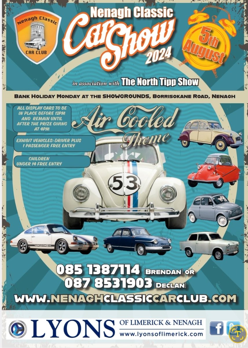 murfae86's tweet photo. Introducing the Nenagh Classic Car Club Show 2024 in association with the North Tipperary Agricultural Show . 

When : August 5th ( Bank holiday Monday) 📠
Where: Showgrounds, Nenagh, Co Tipperary E45 TN92📍
Time : All exhibits to be in place before 12pm⏰ https://t.co/MdsbyW3zSC