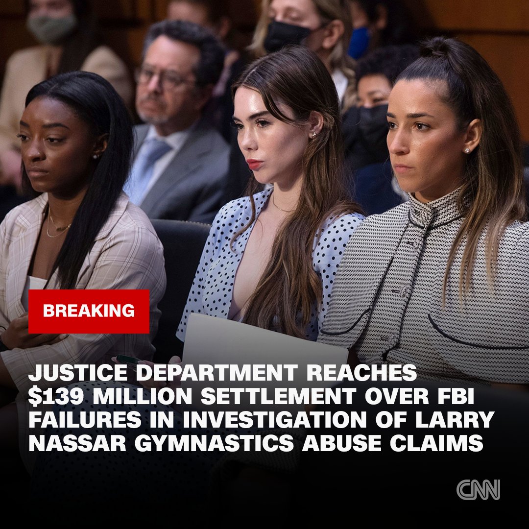 cnni's tweet photo. The US Justice Department has reached a $138.7 million settlement with more than 100 victims of disgraced former USA Gymnastics team doctor Larry Nassar over the FBI’s initial failures in investigating the sexual assault case. https://t.co/8zosflOj6J https://t.co/Urt29zVXTg