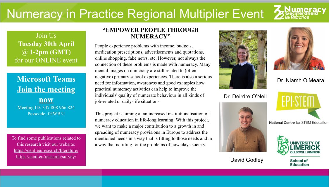 🔗Join us for our Regional Multiplier Event for #Numeracyinpractice 
🌍Learn about the current state of Adult Numeracy across borders 
👂Hear about our preliminary findings
🗣️ Share your experiences as an Adult Learner or Educator

30th April
1300hrs GMT
bit.ly/3WcUJsS