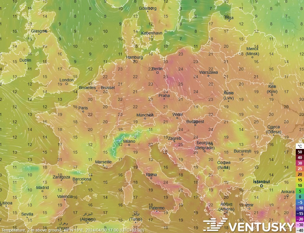 While much of Europe is experiencing cold weather at this time, temperatures are expected to warm up significantly by the end of the week. 🤓 In a week's time, temperatures will reach 25°C again in many places: ventusky.com/?p=48.6;16.6;5… 💐🌱