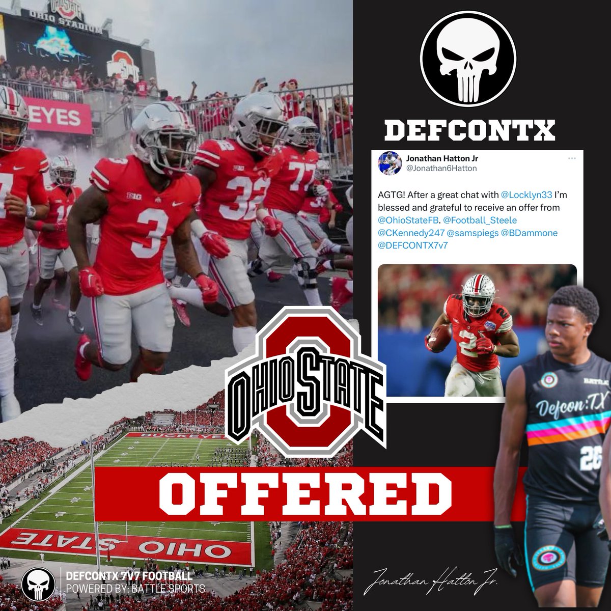 2026, RB- Jonathan Hatton Jr. (@Jonathan6Hatton) continues to big things, earning an offer to @OhioStateFB! #AGTG #GoBucks 🌰 Way to work, Hatton! 🏴‍☠️ @coach9cg @kcolesports @samspiegs @2MGE_ @MikeM_Scout @_RL_Martin @BDammone @Rivals @On3Recruits @MikeRoach247