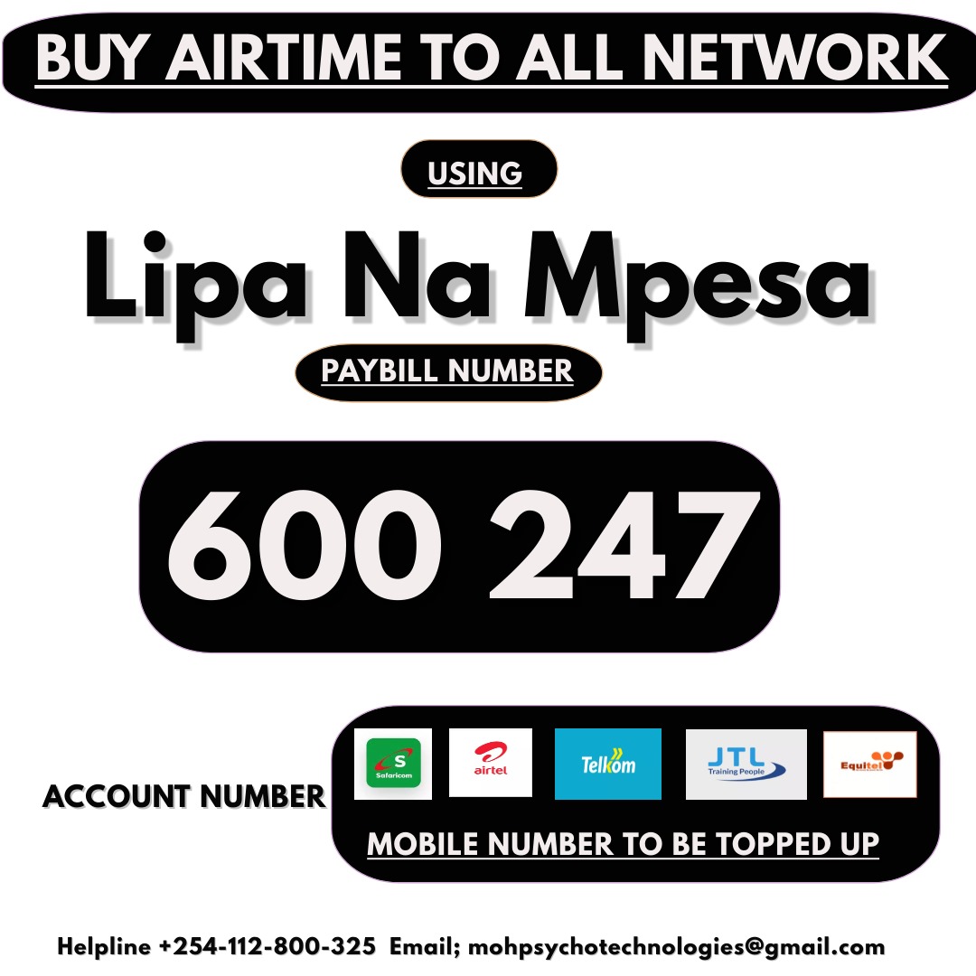 Buy airtime across all network from mpesa
👉Go to lipa na mpesa
👉Enter paybill no 600 247
👉Mobile number as account number mohpsychotechnologies.com

Kairo Wafula Chebukati Fidel Odinga Arsenal vs Chelsea #KDFchoppers Moses Kuria Chelsea Arsenal #earthquake #ARSCHE #LovelyRunner