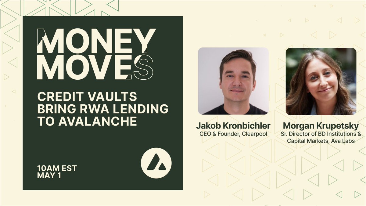 avax's tweet photo. Clearpool is a leading on-chain credit marketplace connecting institutional borrowers with a worldwide network of lenders. The recently launched Credit Vaults are the latest chapter in the explosive growth of RWAs on Avalanche 🔺

Next week we welcome @ClearpoolFin CEO @JKronbichler to Money Moves, where he'll chat with @MorganKrupetsky about how Clearpool's core products are designed to enhance lending efficiency by utilizing real-world assets.