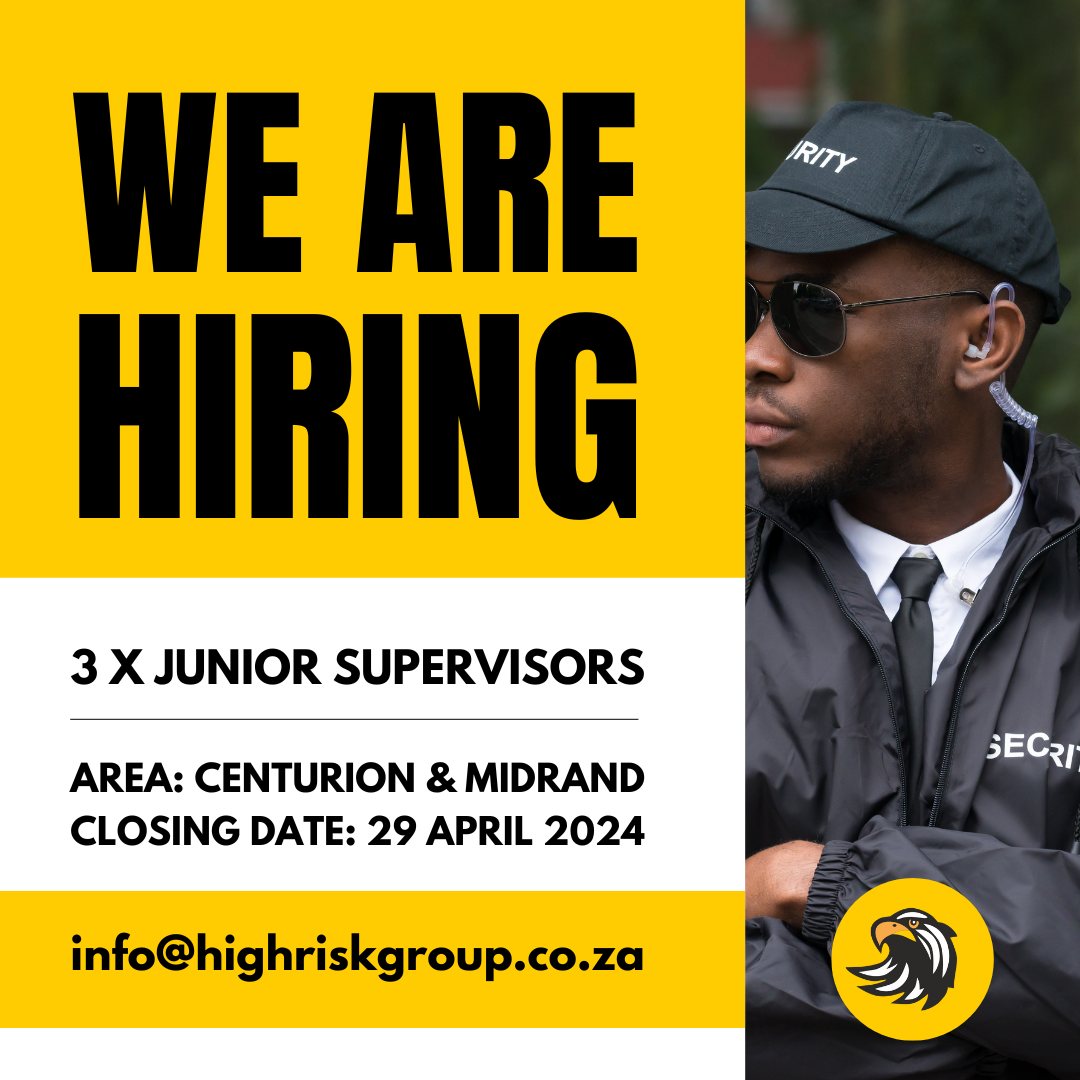 Please share. We're hiring. Position: Security Guard Supervisor Location: Centurion and Midrand, South Africa Number of Vacancies: 3 Key Requirements: Matric certificate. Valid Grade C Firearm Competency. Valid driver’s license.