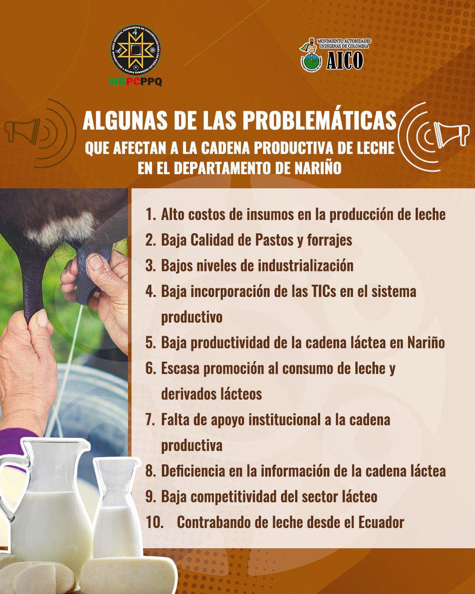‼️Llamamos a la Ministra de Agricultura <a href="/jmojicaflorez/">J. Mojica</a>, a sesionar con las 32 autoridaes del territorio ancestral de los pueblos Pastos y Quillasingas, para brindar atención urgente a la crisis que hoy vive el sector lácteo de nuestro departamento.🧵⬇️