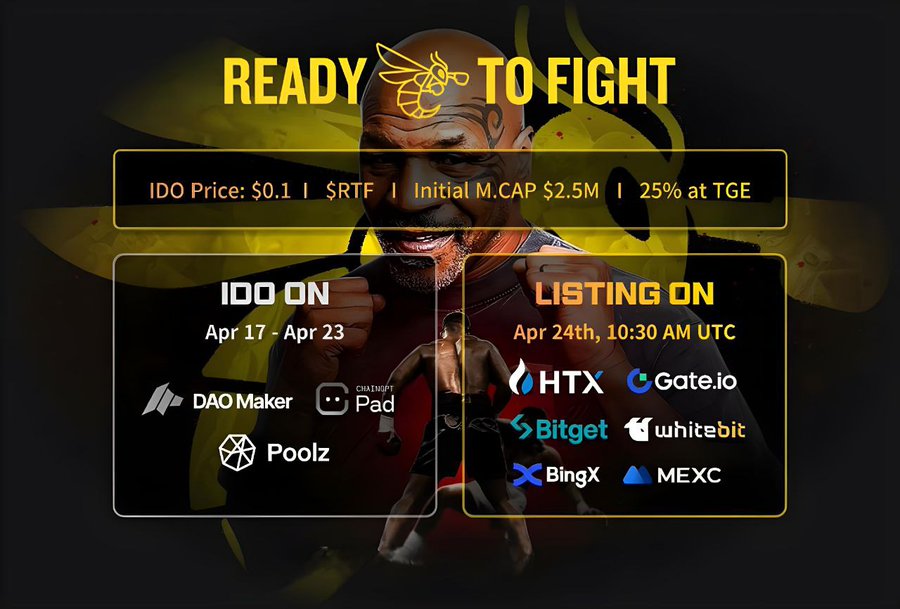 🟨 Ready To Fight (@RTFight_App) projesi yarın saat 13.30'da 6 borsada eş zamanlı olarak listelenecek!

📍 Ön satışlarını birkaç farklı platformda gerçekleştirmişlerdi.

💹 Borsalar: HTX, Gate io, Bitget, Whitebit, BingX, MEXC

$RTF; yatırımcısına güzel kazandırır umarım 🤩