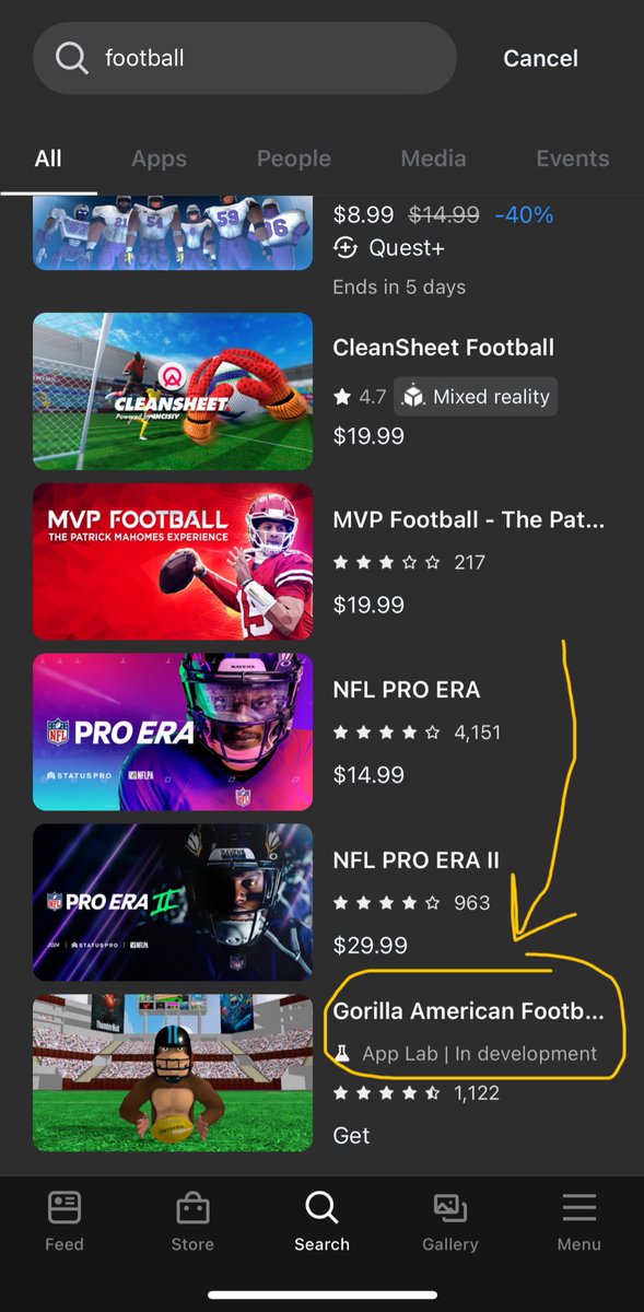 realDeniwell's tweet photo. An AppLab title appears alongside Quest Store titles for a generic search query 'football' (it is in 6th place) in the Quest app. Is this the beginning? https://t.co/v8p0guRYPg