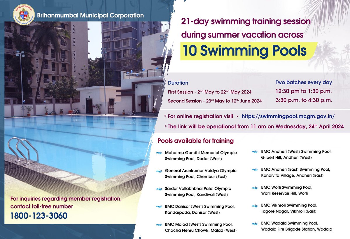 BMC to organize 21 day swimming training session acrid it’s 10 swimming pools across Mumbai |