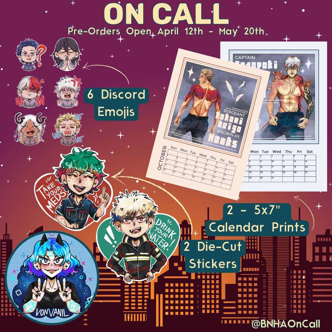 Hi! Excited to show you what merch items I've cooked for @BNHAOnCall zine! Pre-orders are open until May 20th, and we're so close to unlocking our first stretch goal~ All proceeds go directly into wildfire relief programs! ---> bnhaoncall.bigcartel.com