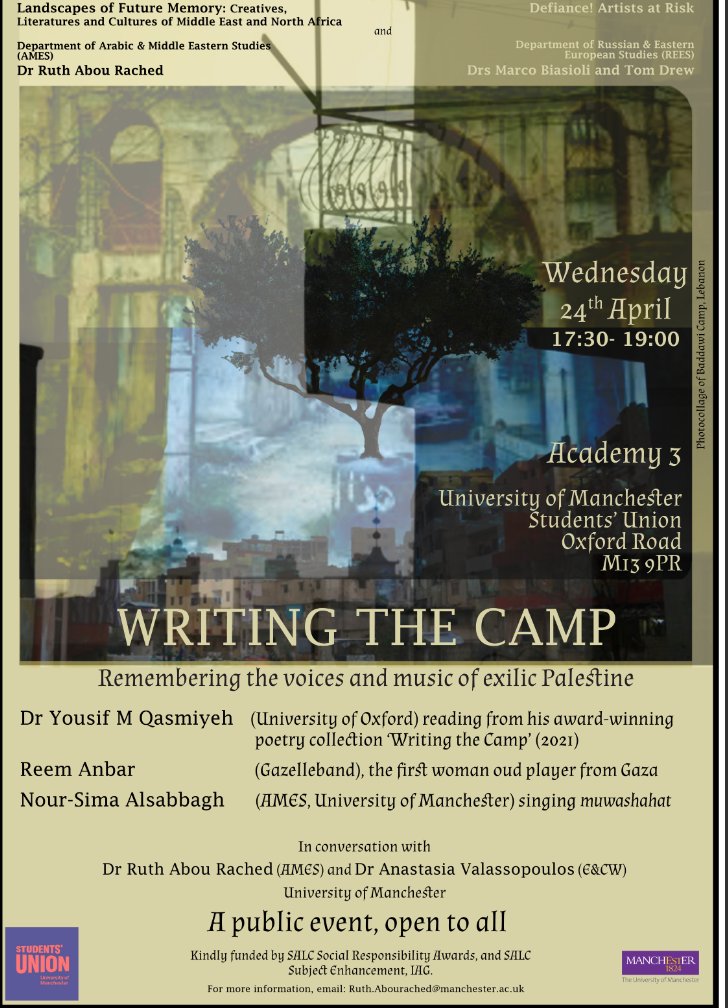Palestinian poet Dr Yousif M. Qasmiyeh will read from his 'Writing The Camp' collection tomorrow at Academy 3, UoM. Reem Anbar, the first woman oud player from Gaza, will interpret the poems.  My brilliant supervisor, Dr. Anastasia Valassopoulos will be moderating the session!