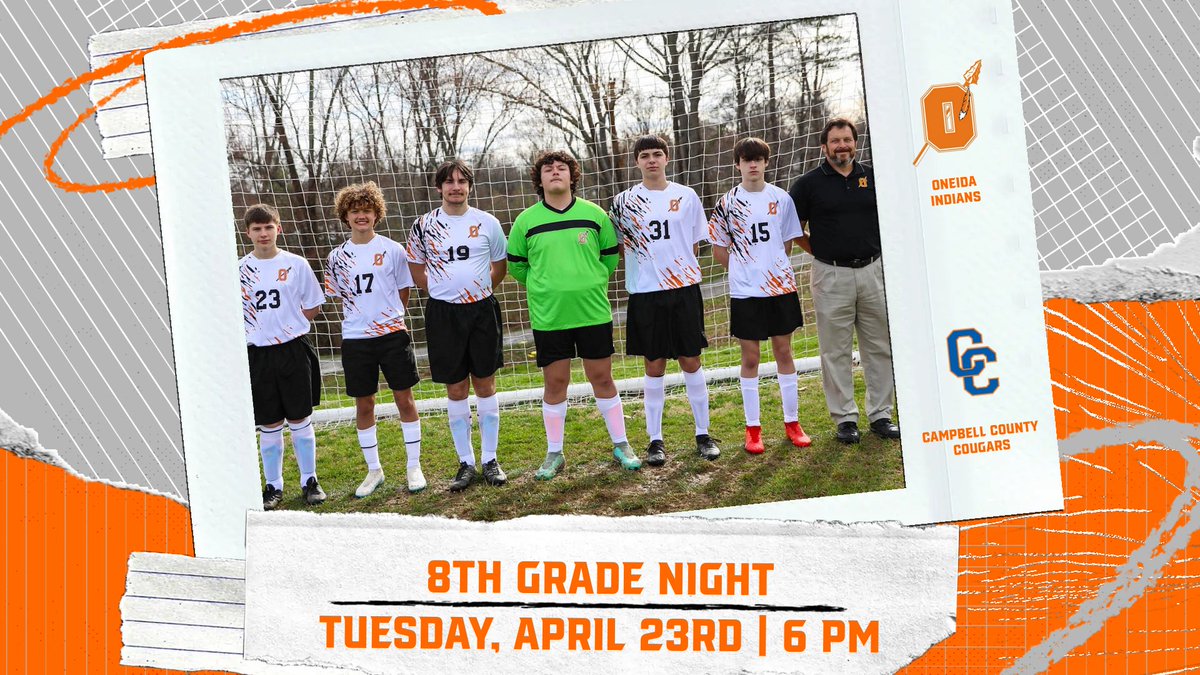 It's 8th Grade Night for the OMS Boys Soccer team as they host Campbell County! Kickoff is set for 6 pm. Come out and cheer our boys on to victory! Good luck Indians! #OneidaPride