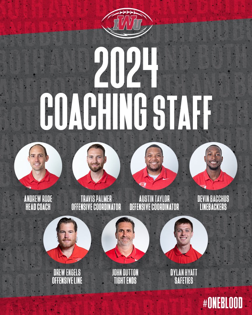 Meet the 2024 Coaching Staff 😼🏈

<a href="/Coach_Rode/">Andrew Rode</a> - Head Coach
<a href="/travispalmer7_/">Travis Palmer</a> - Offensive Coordinator
<a href="/Coach__AT/">Austin Taylor</a> - Defensive Coordinator
@CoachBacchusIWU - Linebackers
<a href="/drewengels/">Drew Engels</a> - Offensive Line
<a href="/CoachJDutton/">John Dutton</a> - Tight Ends
<a href="/CoachDHyatt/">Dylan Hyatt</a> - Safeties

#BothAnd | #OneBlood