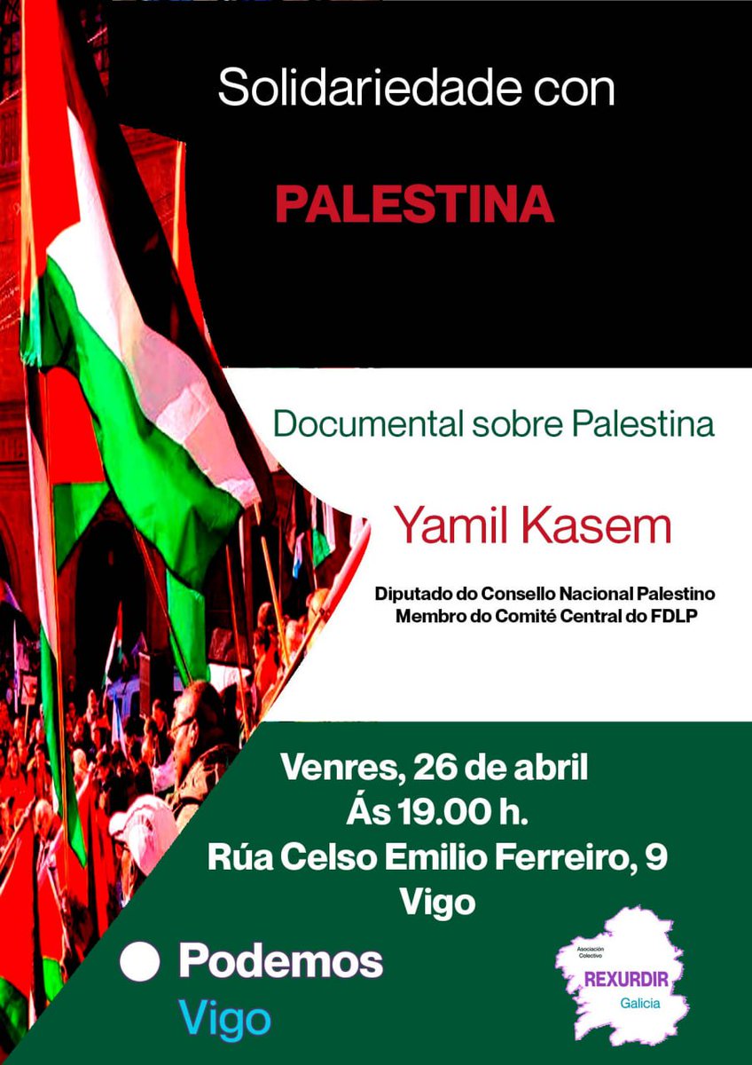 Lembrámosvos a manifestación en favor do pobo palestino contra o xenocidio do 'Estado de Israel'. Tamén os informamos de que ímos ter na nosa sede unha conferencia de Yamil Kasem, así coma un documental sobre Palestina. Palestina vencerá! 💜🇵🇸