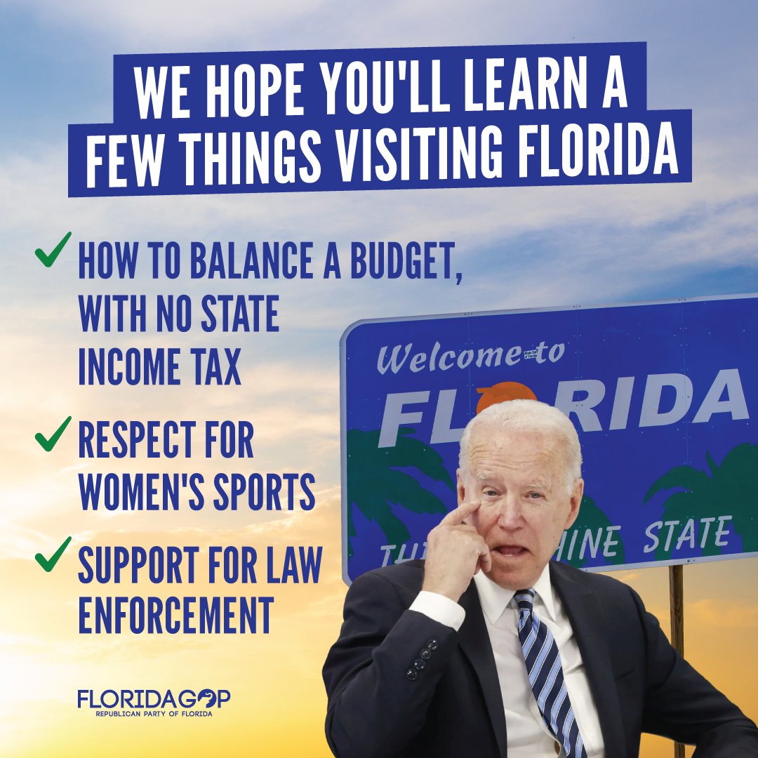 President @JoeBiden should listen and learn while in Florida today— he’ll find in the Sunshine State we balance the budget, support law enforcement, respect women’s sports, and support school choice and individual liberty.
