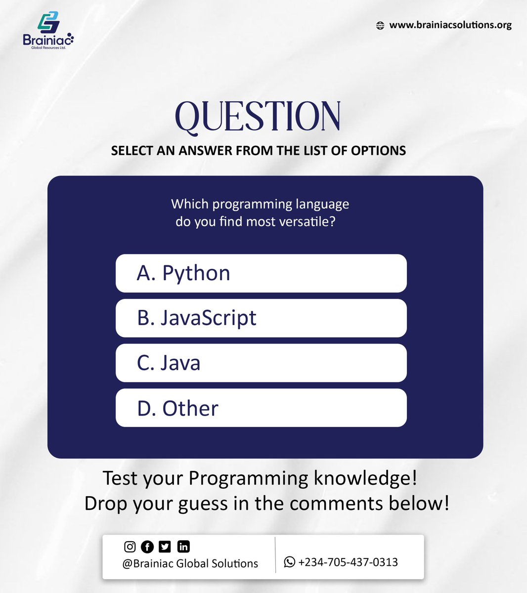 brainiacglobals's tweet image. Drop your guess in the comments below!
#ProgrammingLanguage #Versatility #TechTrivia #GuessingGame #PythonVsJavaScriptVsJava #CodingChallenge #TechKnowledge #DeveloperLife #SoftwareDevelopment #ProgrammingQuiz