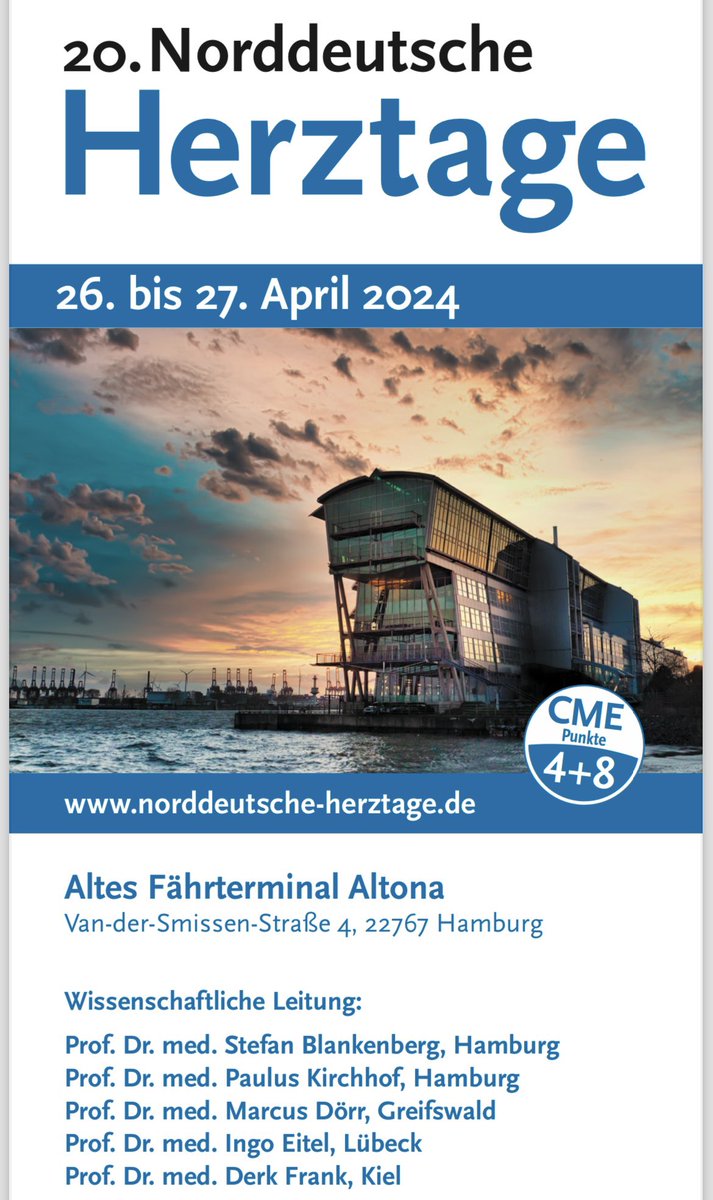 Am 26. bis 27.04.24 finden die 20. Norddeutsche Herztage in Hamburg #Altona statt! Wir freuen uns auf ihren Besuch an der Elbe! ✅Altes Fährterminal Altona 🙏@IngoEitel @DerckFrank @MarcusDoerr S. Blankenberg P. Kirchhof @RolandTilz @giuliavogler @ShaojieChen1 @evgeny_lyan