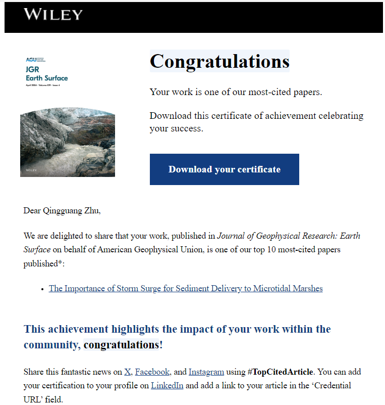 QingguangZ's tweet photo. Delighted to share that our paper on modeling sediment delivery to salt marshes during storm surge events (https://t.co/9l3fZCwVHO) has been acknowledged as one of the most-cited papers @JGREarthSurface @uvaevsc  #TopCitedArticle https://t.co/QYpv7w41zc