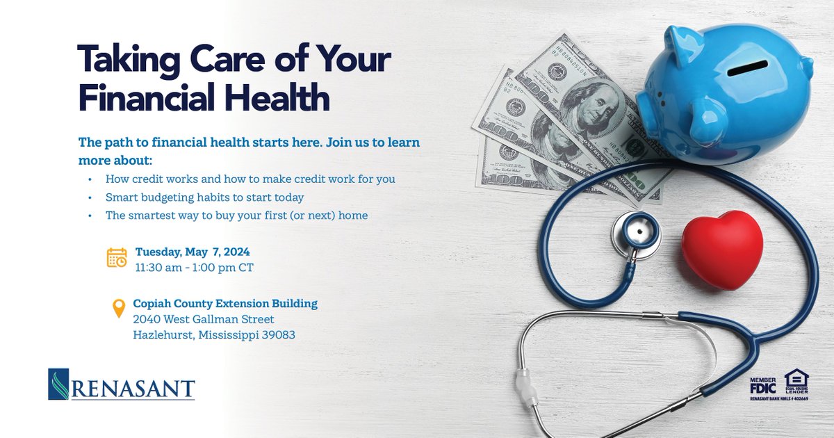 If you live in the Copiah County area, this is a great opportunity to do a check-up on your financial health. Join us for a Lunch & Learn - Tues, May 7. Lunch will be provided at 11:30 AM. To register, contact George Broadstreet at 601.460.6027 or GBroadstreet@renasant.com.