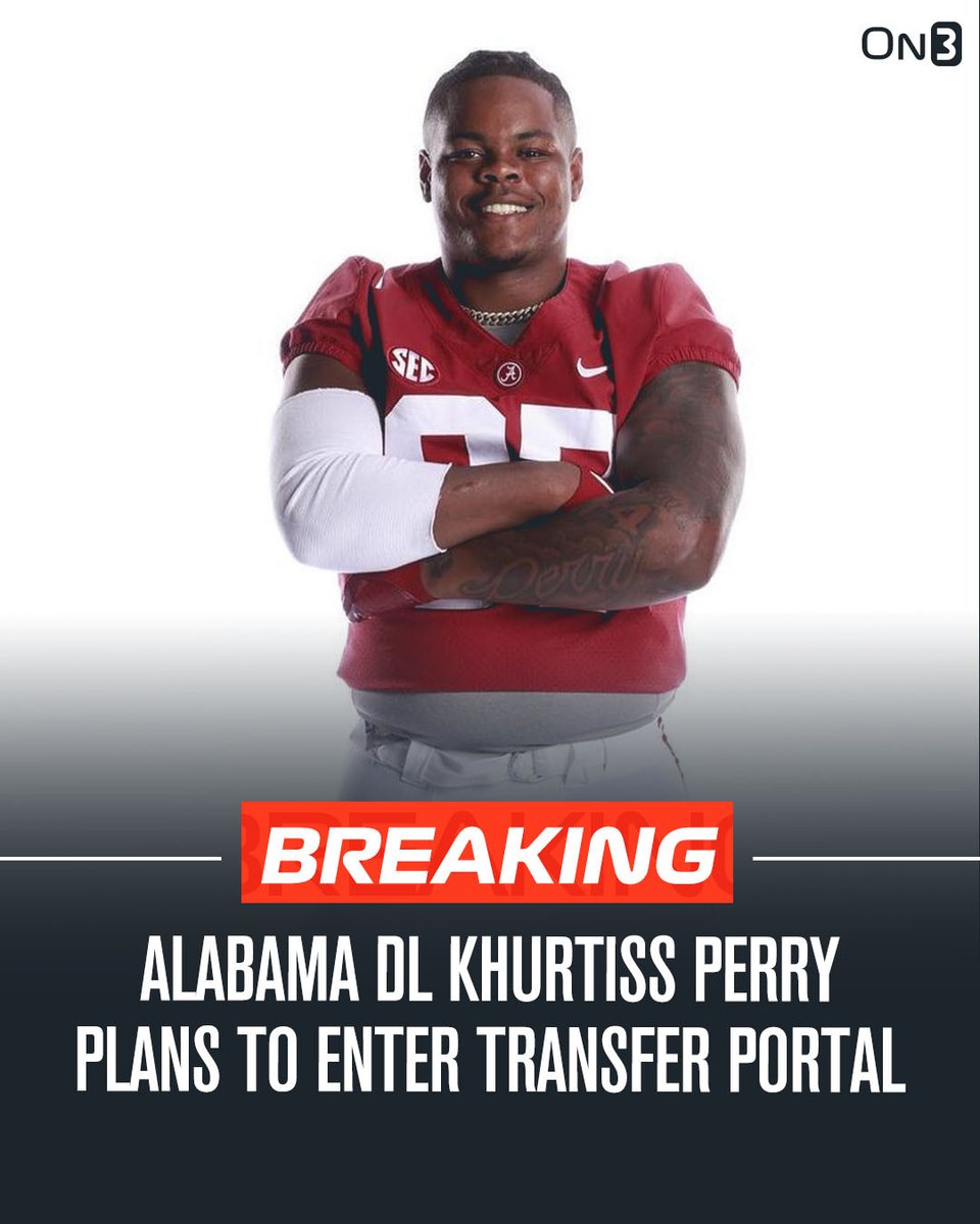 Alabama defensive lineman Khurtiss Perry plans to enter the transfer portal, @APSportsAgency tells @On3sports. @mzenitz first. Was a top-100 recruit in the 2022 class. on3.com/transfer-porta…